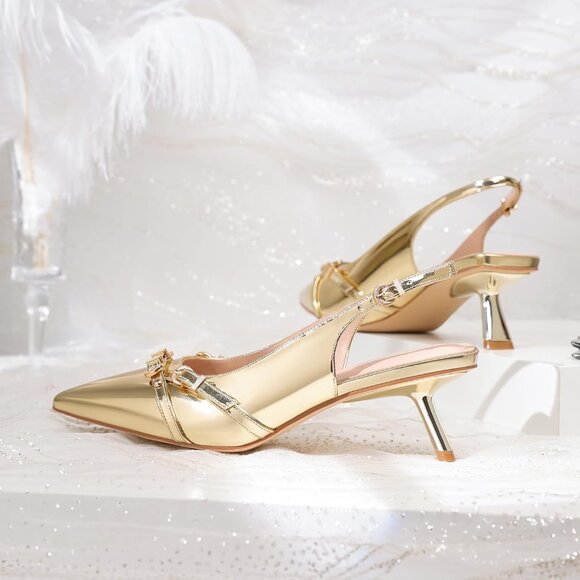 Women's Gold Pointed Toe Pumps Patent Leather Slingback Heels With Buckle - Picture 8 of 9